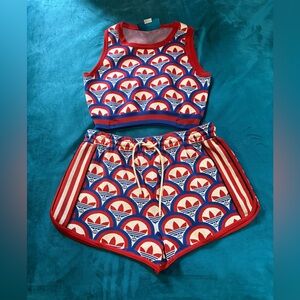 Gucci x Adidas Jacquard Red, Blue & White Patterned Crop Tank and Shorts Set